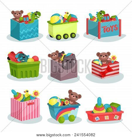 Set Of Various Plastic Containers Full Of Kids Toys. Teddy Bears And Dinosaurs, Rubber Balls And Duc