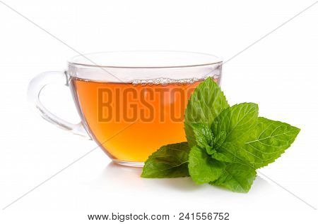Glass Cup Of Tea With Mint Leaves Isolated On White Background