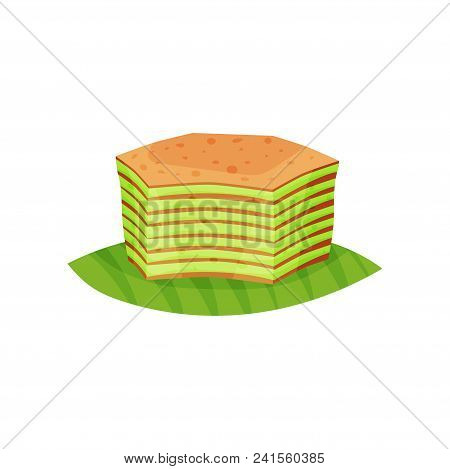 Tasty Layered Cake Spekkoek On Green Leaf. Oriental Cuisine. Traditional Indonesian Dessert. Graphic