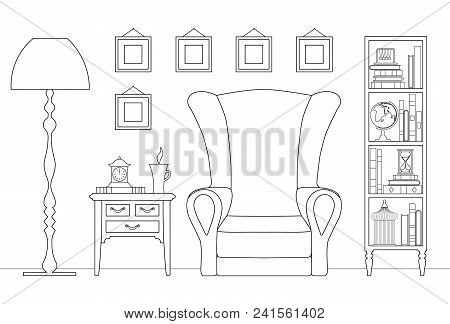 Outline Interior. Vector Linear Illustration. Room With Furniture And Decor.