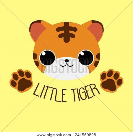 Happy Baby Cartoon Tiger Head Emblem. For Baby Clothes, Toys And Books
