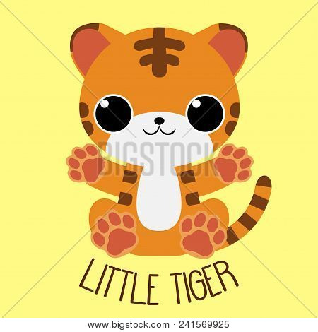 Happy Baby Cartoon Tiger Sitting Arms Open. For Baby Clothes, Toys And Books