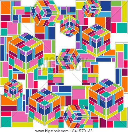 Seamless Vector Pattern With Falling Cubes, Stripes And Crosses On Black Background. Trendy Modern D