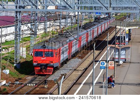 Skhodnya, Russia - May 09. 2018. The Train Of The Company Rzd Arrives At The Station.