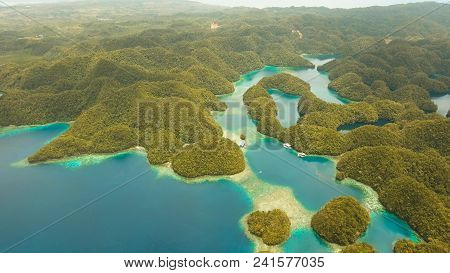Aerial View: Bucas Grande Island, Sohoton Cove. Philippines. Tropical Sea Bay And Lagoon, Beach. Tro