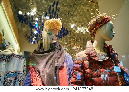 MILAN, ITALY - CIRCA NOVEMBER, 2018: shop window display of clothing at Desigual store in Milan, Italy.
