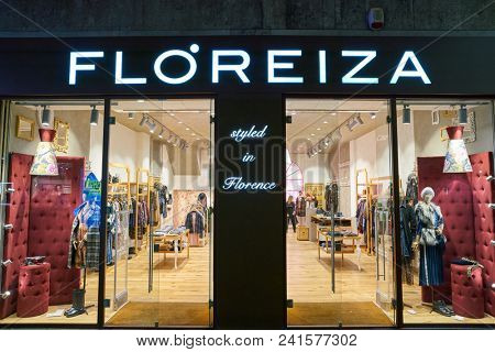 MILAN, ITALY - CIRCA NOVEMBER, 2018: shop windows display of clothing at Floreiza store in Milan, Italy.