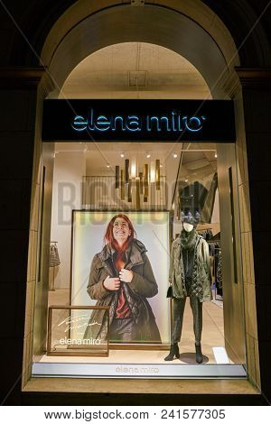 MILAN, ITALY - CIRCA NOVEMBER, 2018: shop window display of clothing at a Elena Miro store in Milan, Italy.