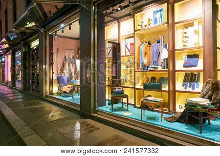 MILAN, ITALY - CIRCA NOVEMBER, 2018: shop window display of clothing at a store in Milan, Italy.