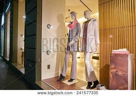 MILAN, ITALY - CIRCA NOVEMBER, 2018: shop window display of clothing at Amina Rubinacci store in Milan, Italy.