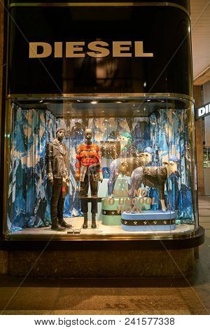 MILAN, ITALY - CIRCA NOVEMBER, 2018: shop window display of clothing at a Diesel store in Milan, Italy.