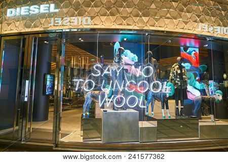 MILAN, ITALY - CIRCA NOVEMBER, 2018: shop window display of clothing at a Diesel store in Milan, Italy.