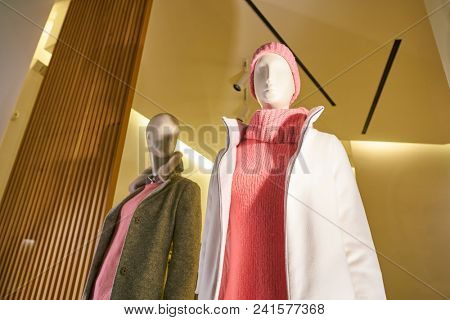 MILAN, ITALY - CIRCA NOVEMBER, 2018: shop window display of clothing at Amina Rubinacci store in Milan, Italy.