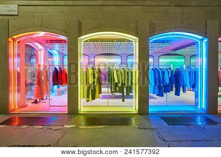 MILAN, ITALY - CIRCA NOVEMBER, 2018: shop windows display of clothing at a store in Milan, Italy.