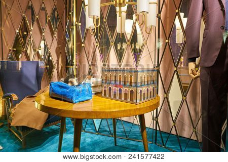 MILAN, ITALY - CIRCA NOVEMBER, 2018: shop window display of accessories at a store in Milan, Italy.