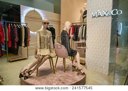 MILAN, ITALY - CIRCA NOVEMBER, 2018: shop window display of clothing at MAX&Co store in Milan, Italy.