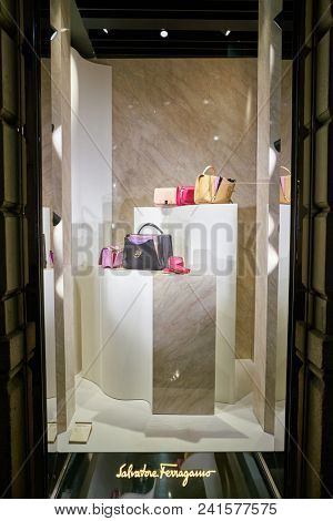 MILAN, ITALY - CIRCA NOVEMBER, 2018: shop window display of bags and accessories at Salvatore Ferragamo store in Milan, Italy.