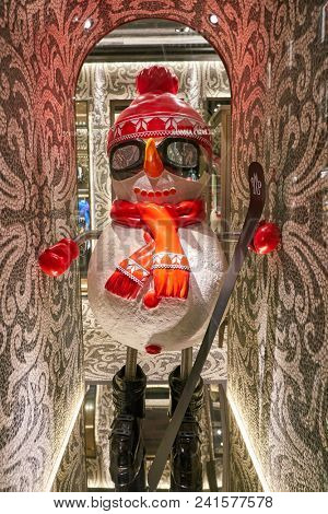 MILAN, ITALY - CIRCA NOVEMBER, 2018: shop window display of clothing at a Moncler store in Milan, Italy.