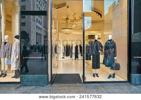 MILAN, ITALY - CIRCA NOVEMBER, 2018: shop window display of clothing at a store in Milan, Italy.