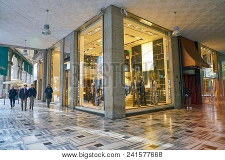 MILAN, ITALY - CIRCA NOVEMBER, 2018: shop windows display of clothing at a store in Milan, Italy.