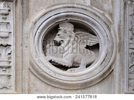 MODENA, ITALY - JUNE 04: Symbol of Saint Mark the Evangelist the marble pulpit by Jacopo e Paolo da Ferrara, dated 1501, Modena Cathedral, Italy on June 04, 2017.