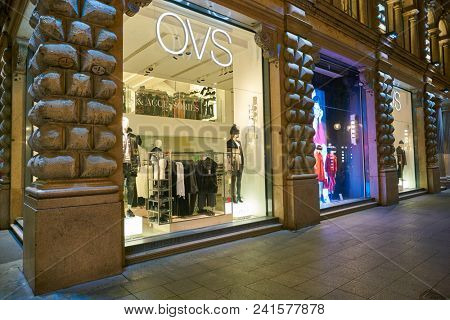 MILAN, ITALY - CIRCA NOVEMBER, 2018: shop windows display of clothing at OVS store in Milan, Italy.
