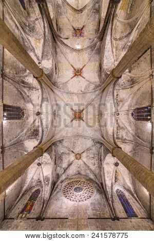 Ceiling of the gothic church of Santa Maria del Mar in the Ribera district of Barcelona, Spain