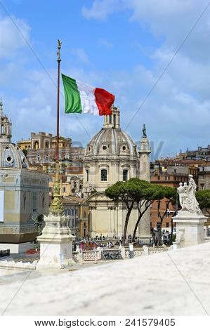 Rome, Italy. Churches, Trajan's Column And Italian Flag - View From Vittorio Emanuele Monument