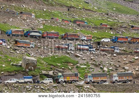 Manali, India - July 19, 2017: Many cars and trucks stuck in traffic jam at Rohtang pass due to landslide in Himachal Pradesh state, Northern India