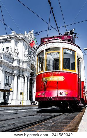 Lisbon, Portugal, May 6, 2018: Tourist Tramway Stands Motionless In Lisbon Downtown.