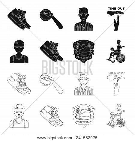 Basketball And Attributes Black, Outline Icons In Set Collection For Design.basketball Player And Eq