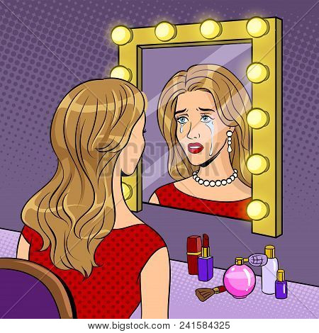 Crying Actress Girl In Dressing Room With Mirror Pop Art Retro Vector Illustration. Comic Book Style