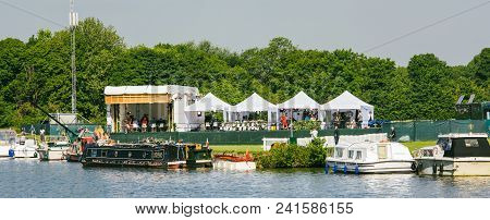 Windsor, Berkshire, United Kingdom - May 19, 2018: Media Tv Stations Tents Near Tamisa River Reporti