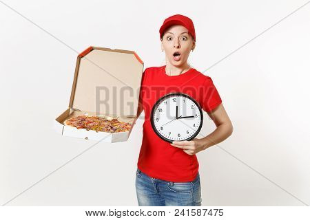 Delivery Woman In Red Uniform Isolated On White Background. Pretty Female In Cap, T-shirt, Jeans Wor