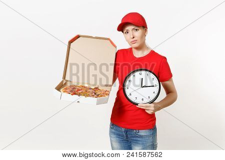 Delivery Woman In Red Uniform Isolated On White Background. Pretty Female In Cap, T-shirt, Jeans Wor