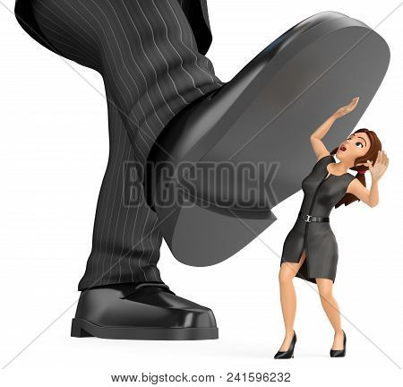 3d Business People Illustration. Businesswoman Under A Giant Foot Of Man. Abuse Of Power, Bullying A