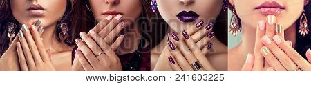 Beauty Fashion Model With Different Make-up And Art Nail Design Wearing Jewelry On Black Background.