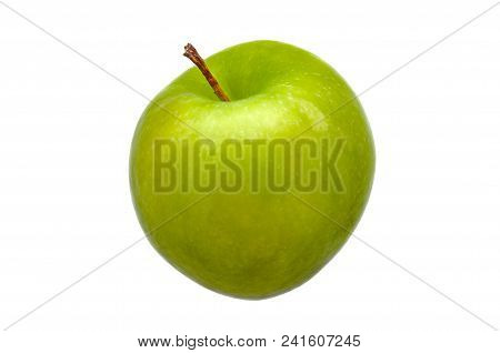 A Large Green Fresh, Bright Green Apple Close-up On A White Background. Isolated.