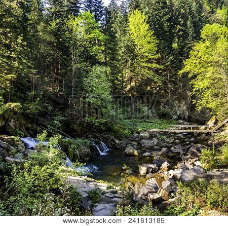 View Of Kamianetskyi Waterfall Is Located On The Kamianka River (a Right Tributary Of The Opir River