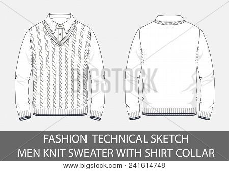 Fashion Technical Sketch Men Knit Sweater With Shirt  Collar In Vector Graphic