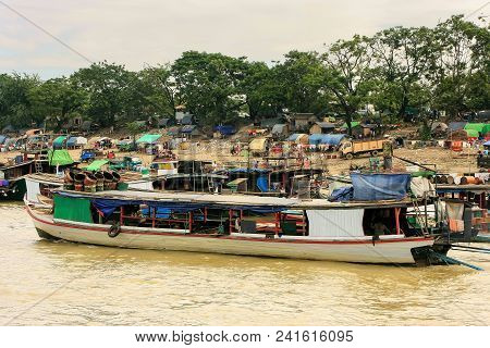 Boats Anchored At Ayeyarwady River Port In Mandalay, Myanmar. Ayeyarwady River Is The Largest River 