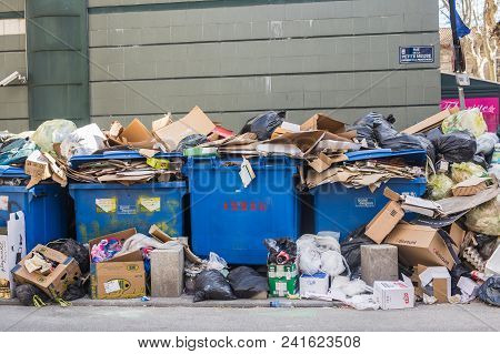 Avignon, France - 13 February 2018 : Full Garbage Bins In The Street Of Avignon