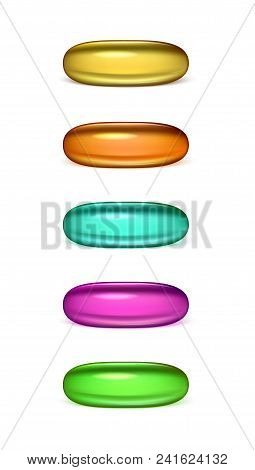 Different Color Cosmetic Capsules Of Vitamin Or Fish Oil. Golden Antibiotic Gel Pill Icon Template. 