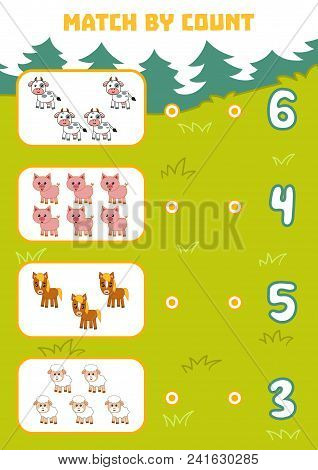 Counting Game For Preschool Children. Educational A Mathematical Game. Count Farm Animals In The Pic