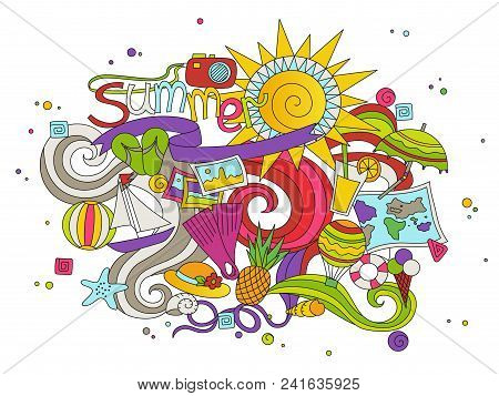 Cartoon Hand-drawn Doodles Ice Cream Illustration. Line Art Detailed, With Lots Of Objects Vector De