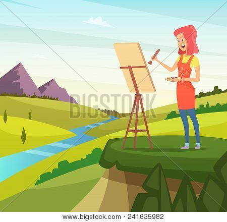 Artist In Nature Making Picture. Artist Paint Brush, Paintbrush Artistic, Painter And Easel, Vector 