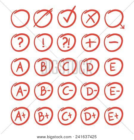 Hand Written Sketches Of Red Grade Notes And Results. Vector Mark Red For Test Result Illustration