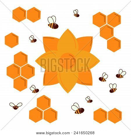 Icon Bee Honeycomb And Nectar Flower. Hexagon Honeycombs Pattern, Natural Honey Structs And Bees Swa