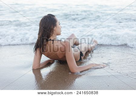 Beautiful, Attractive Woman In Black Bikini.