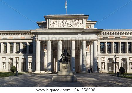 Madrid, Spain - January 22, 2018: Velazquez Statue In Front Of Museum Of The Prado In City Of Madrid